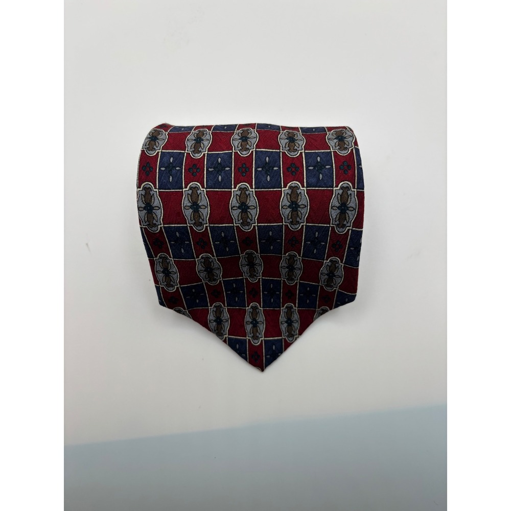 Metropolitan View Mens Silk Necktie Red Navy Blue Geometric Medallion Formal Tie